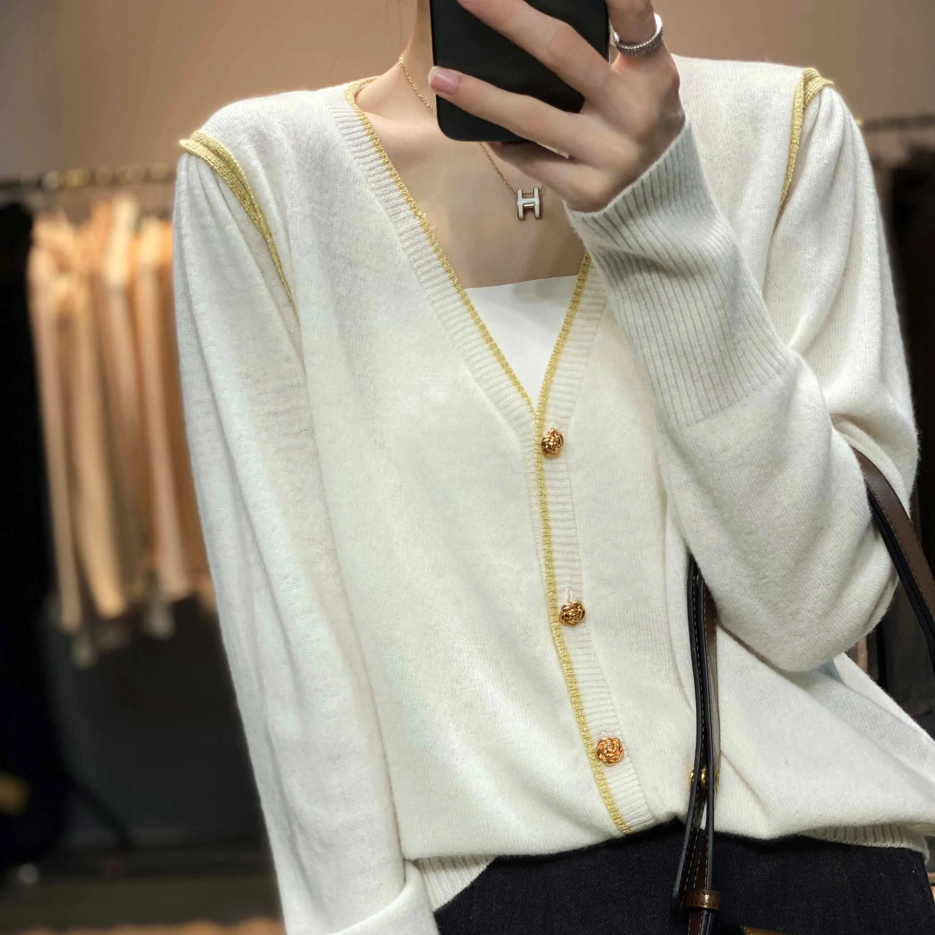 Fashionkova  Temperament Small Incense Wind Knitted Cashmere Cardigan Women Autumn Winter New V-Neck Loose Thin Sweater Short Wool Coat