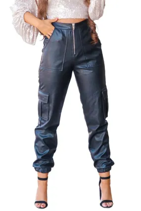 Faux Leather Cargo Jogger Pants Black