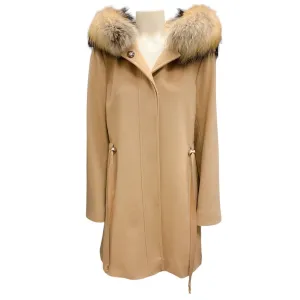 Fleurette Camel Raccoon Fur Trimmed Hooded Wool Coat