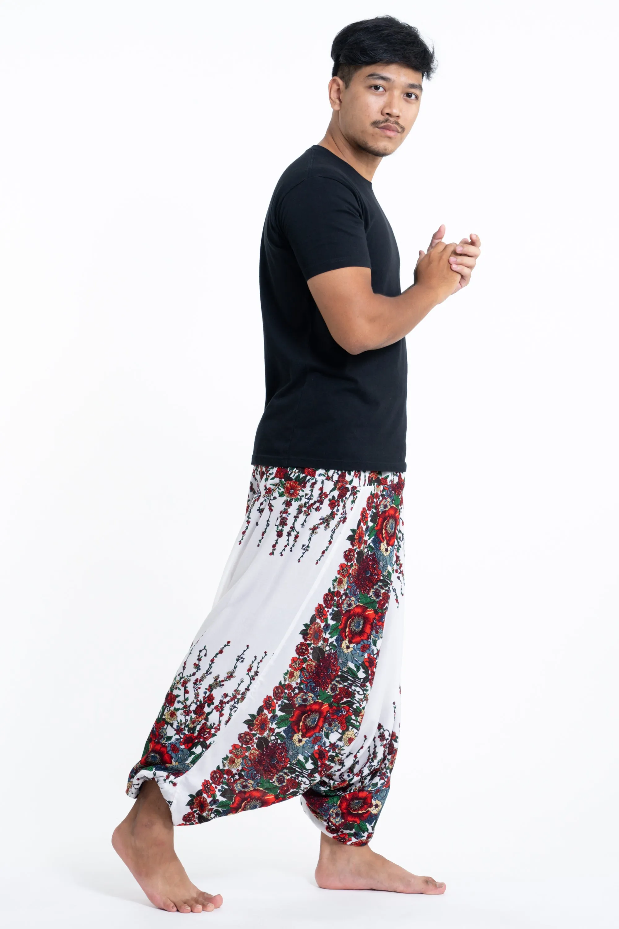 Floral Drop Crotch Men's Harem Pants in White