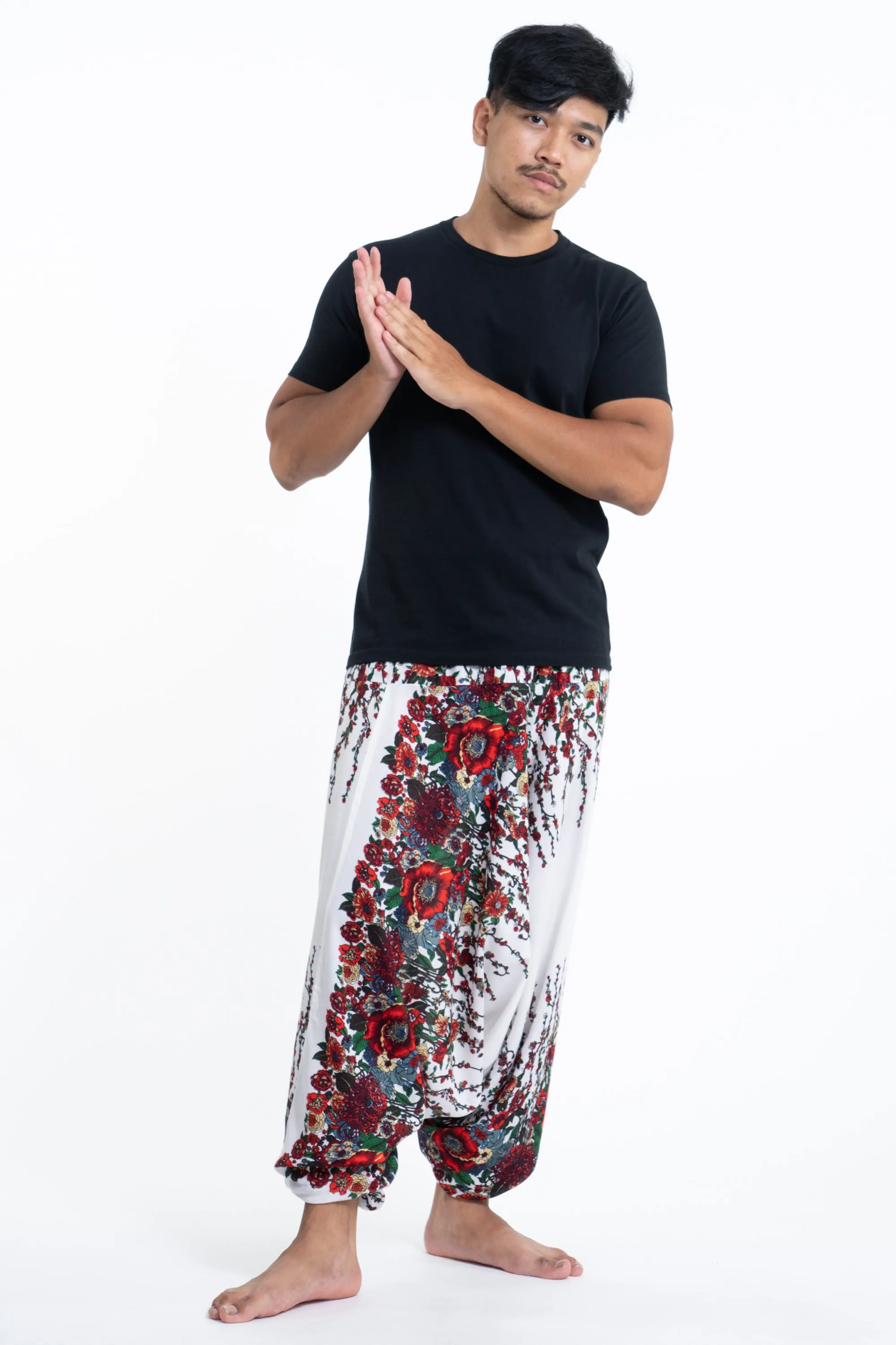 Floral Drop Crotch Men's Harem Pants in White