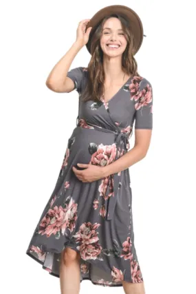 Floral Wrap Maternity Nursing Dress Style 1623 in Grey