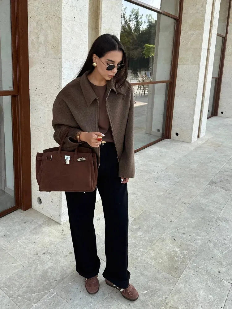 Flytonn-Vintage Brown Zipper Woolen Jacket For Women Elegant Lapel Long Sleeves Cropped Coats Autumn Chic Lady High Street Outwear