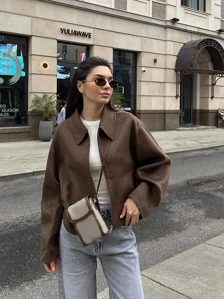 Flytonn-Vintage Brown Zipper Woolen Jacket For Women Elegant Lapel Long Sleeves Cropped Coats Autumn Chic Lady High Street Outwear