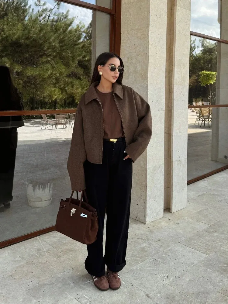 Flytonn-Vintage Brown Zipper Woolen Jacket For Women Elegant Lapel Long Sleeves Cropped Coats Autumn Chic Lady High Street Outwear