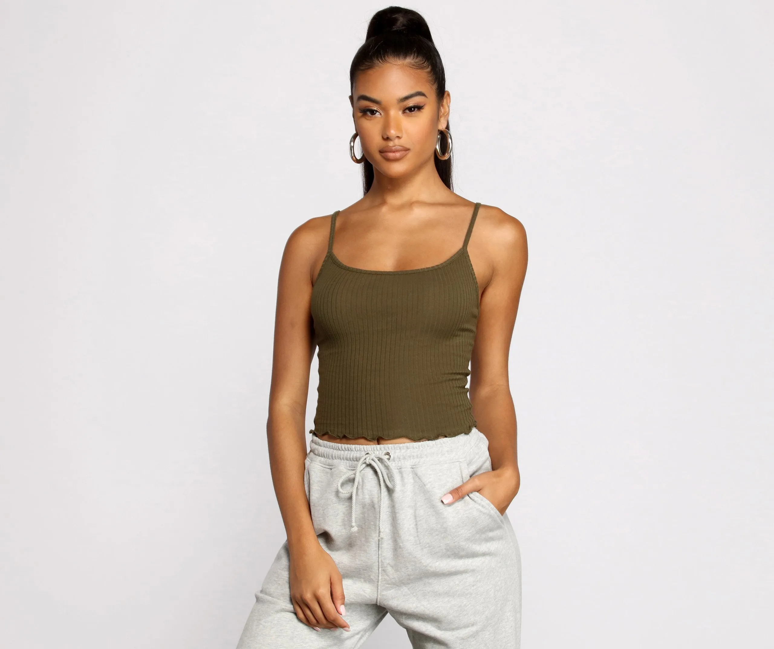 Frilled and Flirty Cropped Ribbed Cami