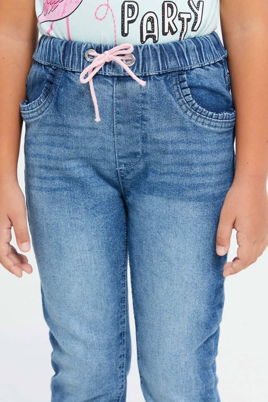 Girls Blue Denim Joggers With Frills At Pocket