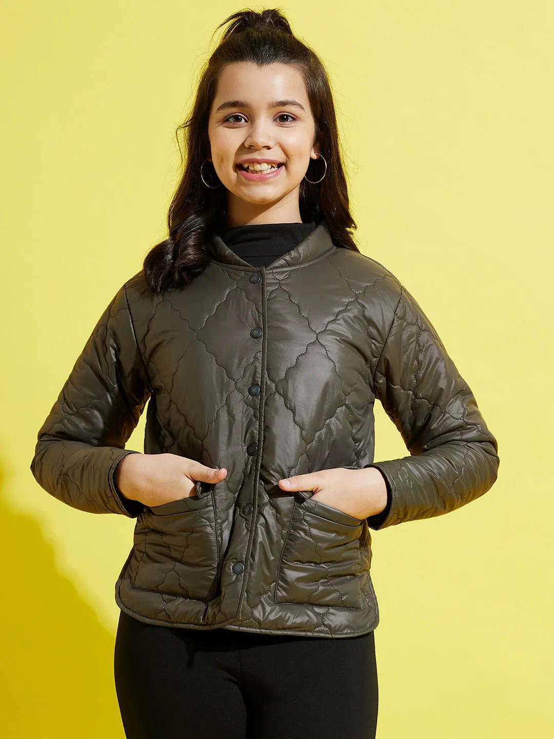 Girls Olive Snap Button Quilted Jacket