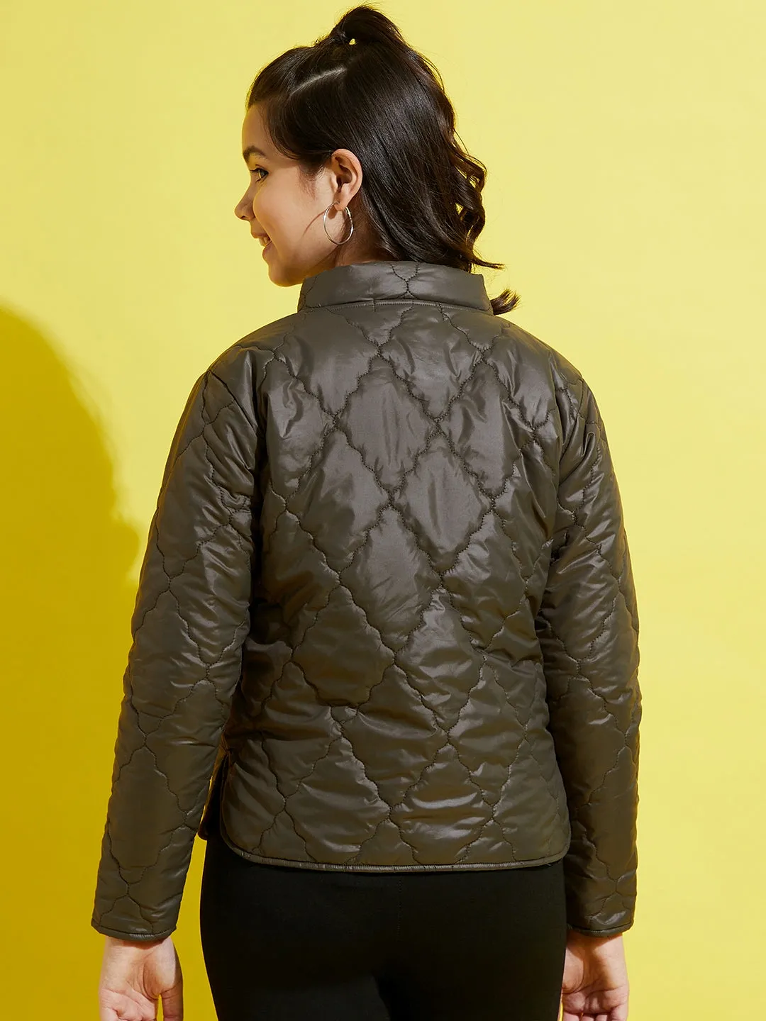 Girls Olive Snap Button Quilted Jacket