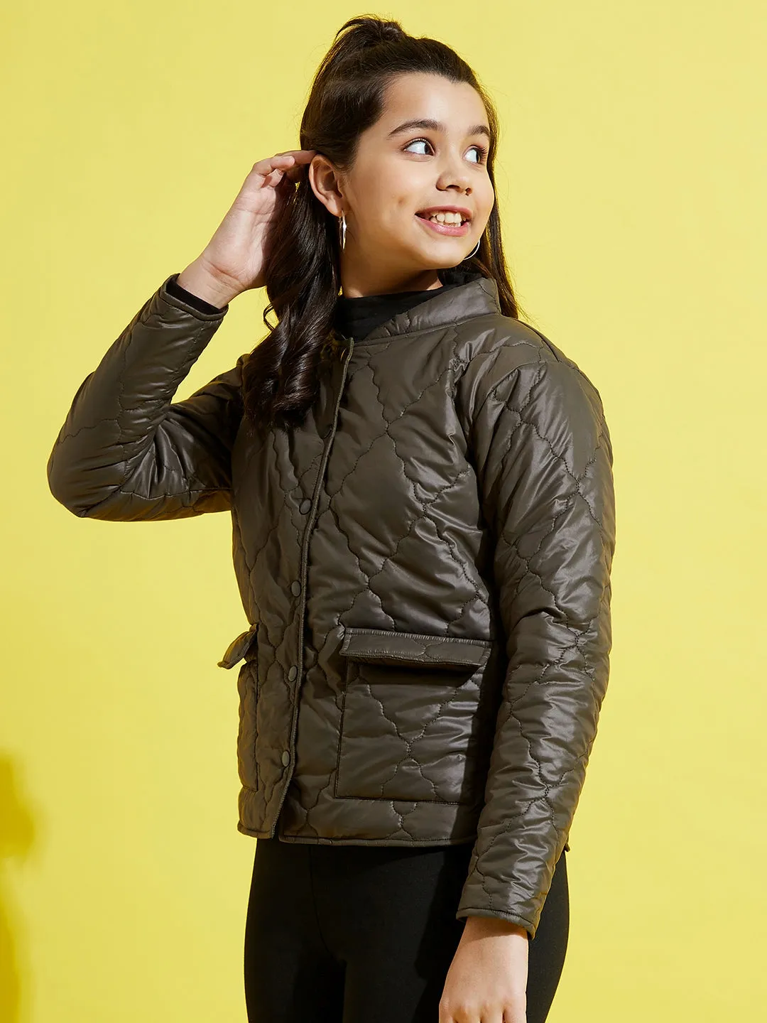 Girls Olive Snap Button Quilted Jacket