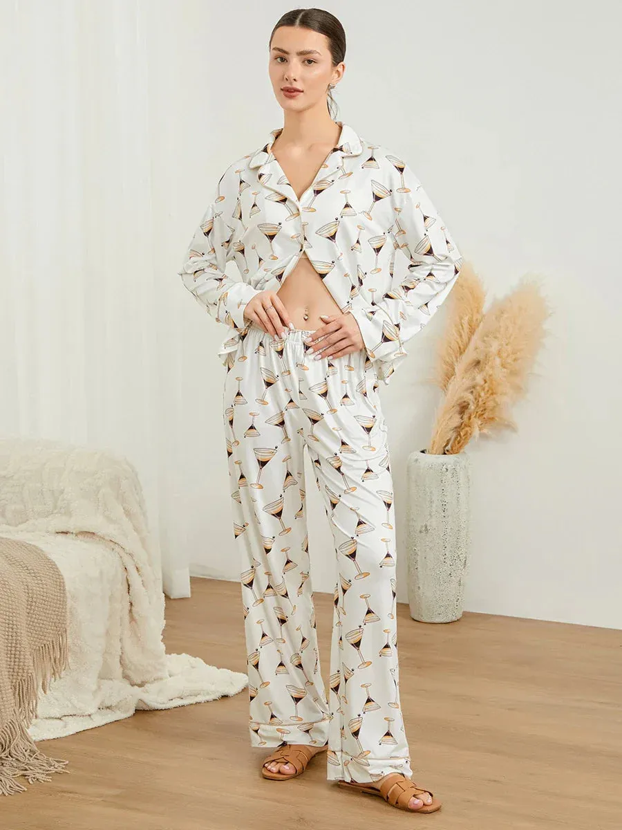 Glass Print Long Sleeve Button Down Collar Shirt Pants Wine Pajamas