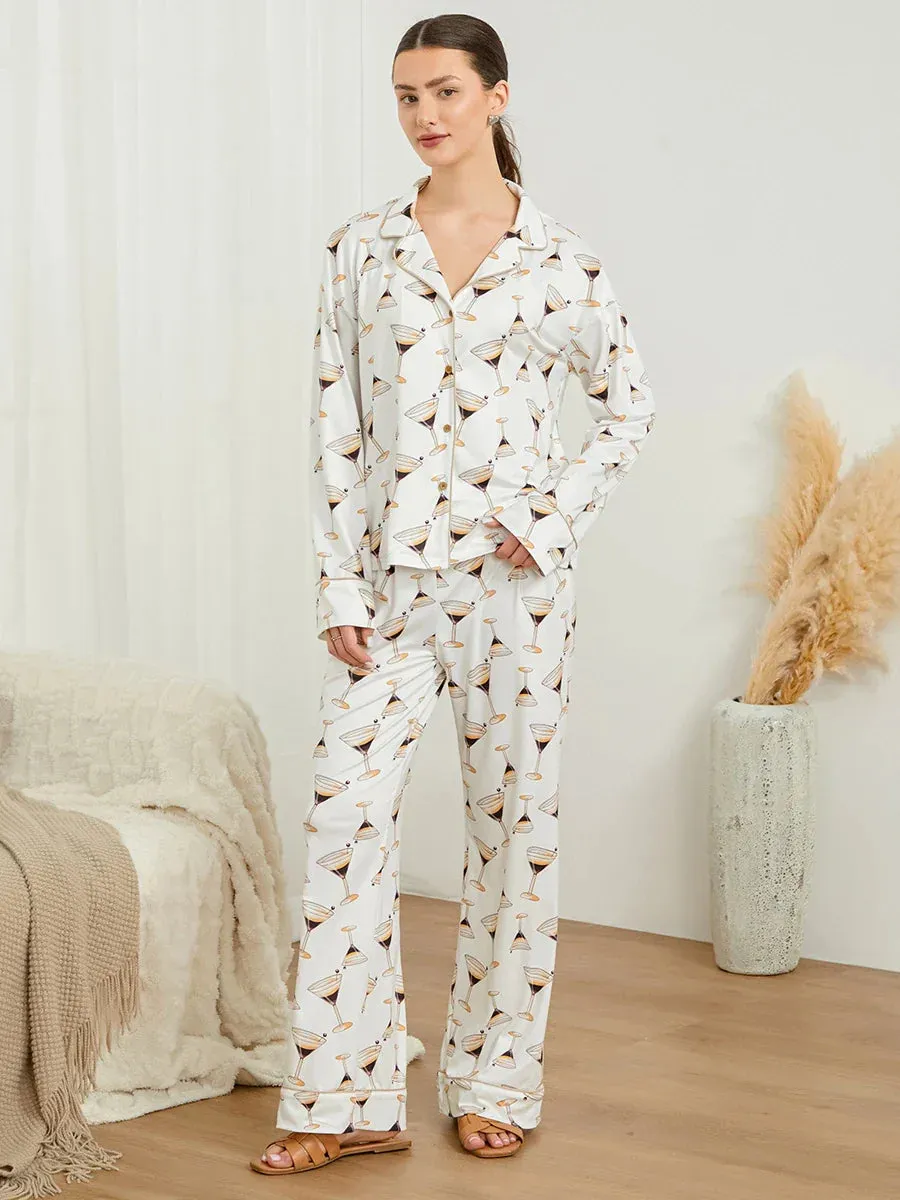 Glass Print Long Sleeve Button Down Collar Shirt Pants Wine Pajamas