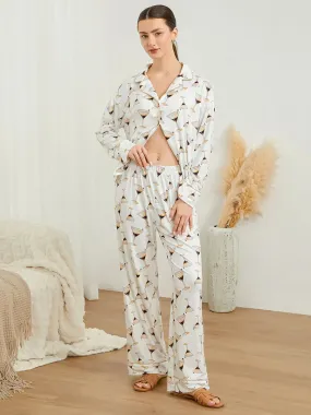 Glass Print Long Sleeve Button Down Collar Shirt Pants Wine Pajamas