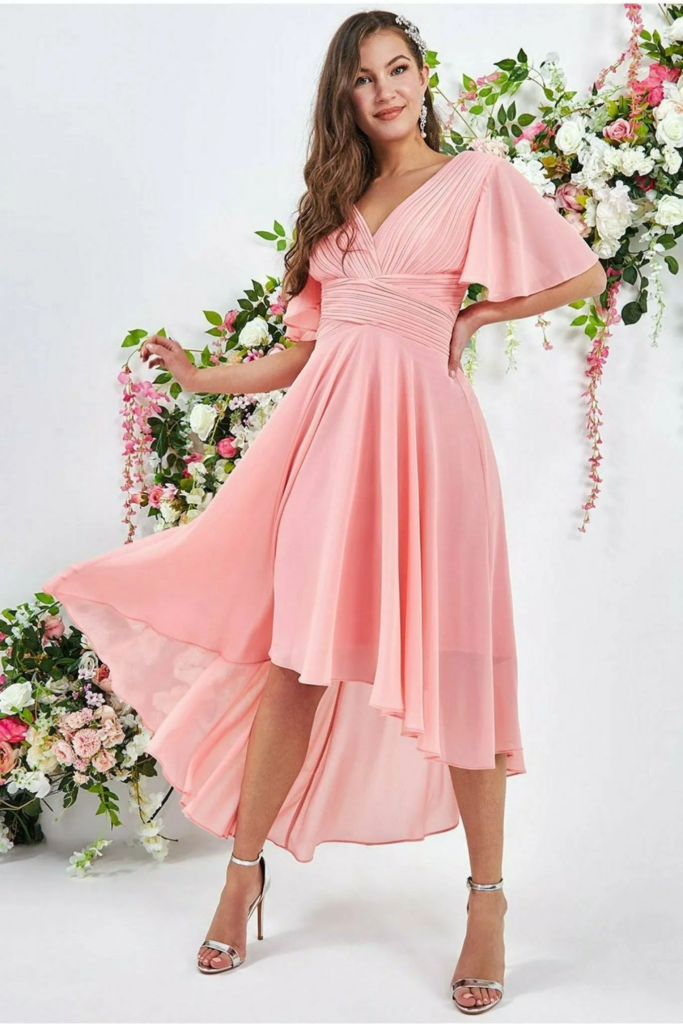 Goddiva Pleated Chiffon High Low Midi Dress - Peach