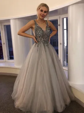 Gorgeous V Neck Beaded Silver Grey Long Prom, Silver Grey Beaded Formal Graduation Evening