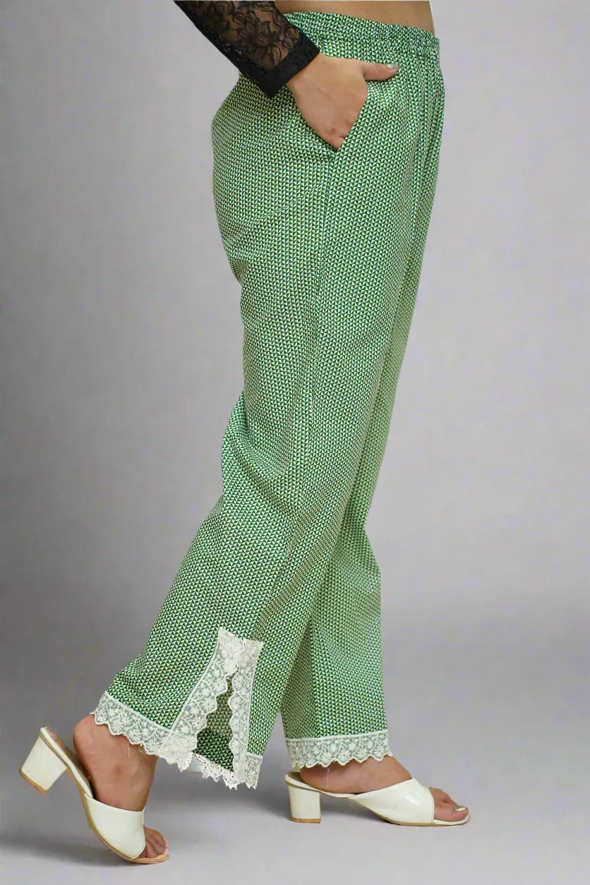 Green Printed Detailed Cotton Pants