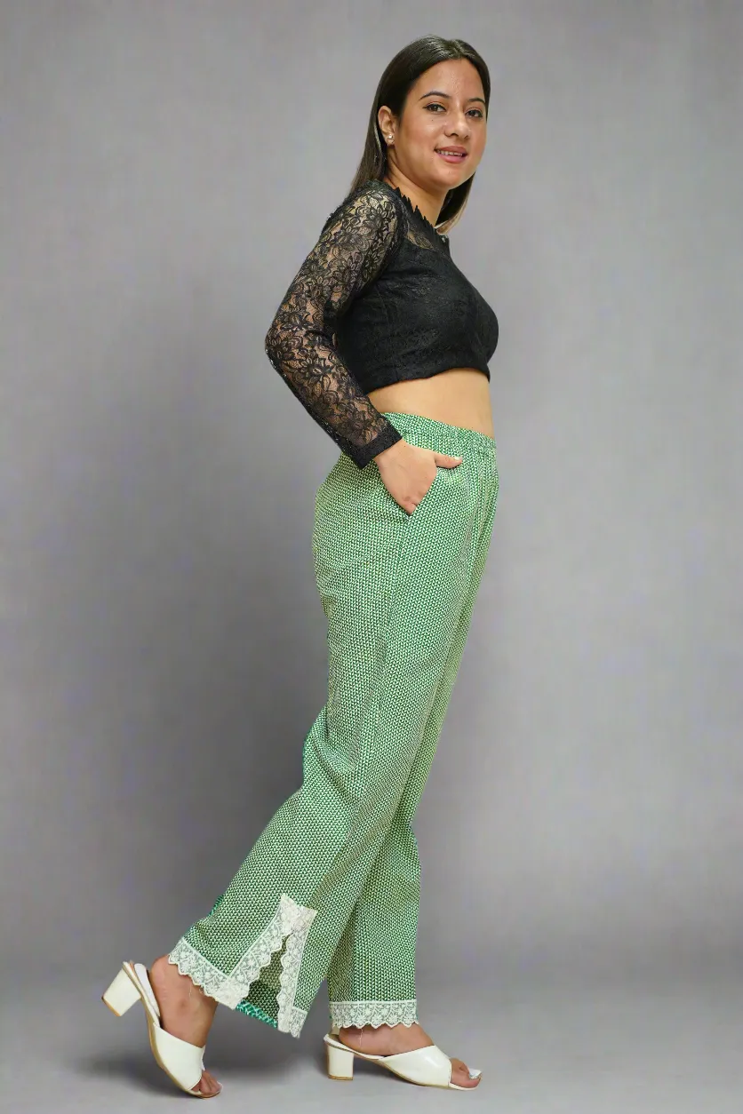 Green Printed Detailed Cotton Pants