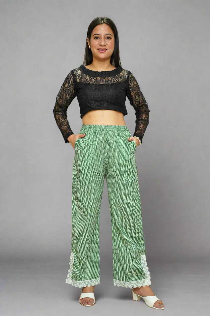 Green Printed Detailed Cotton Pants