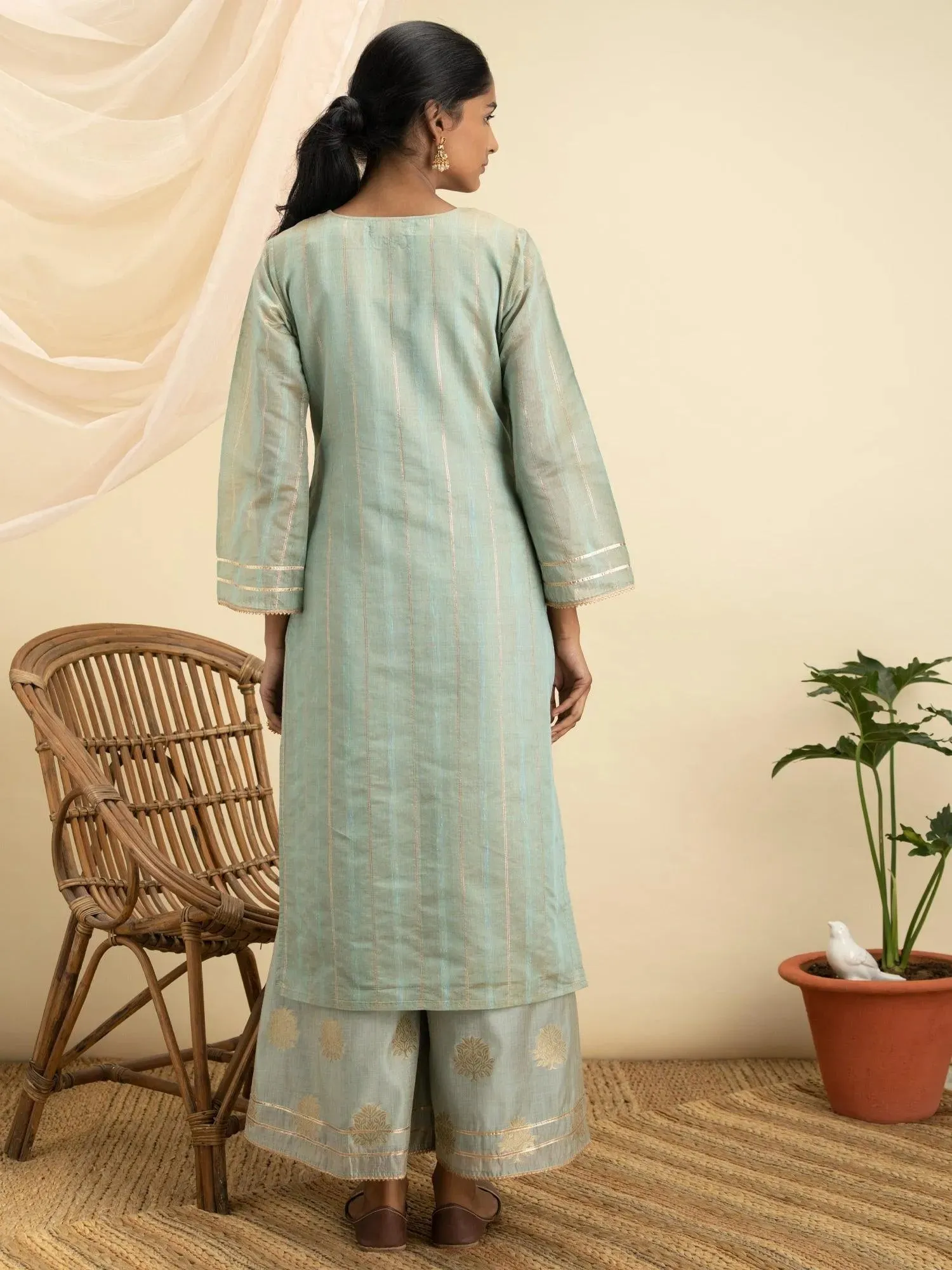 Grey Self Design Chanderi Silk Straight Kurta With Palazzos