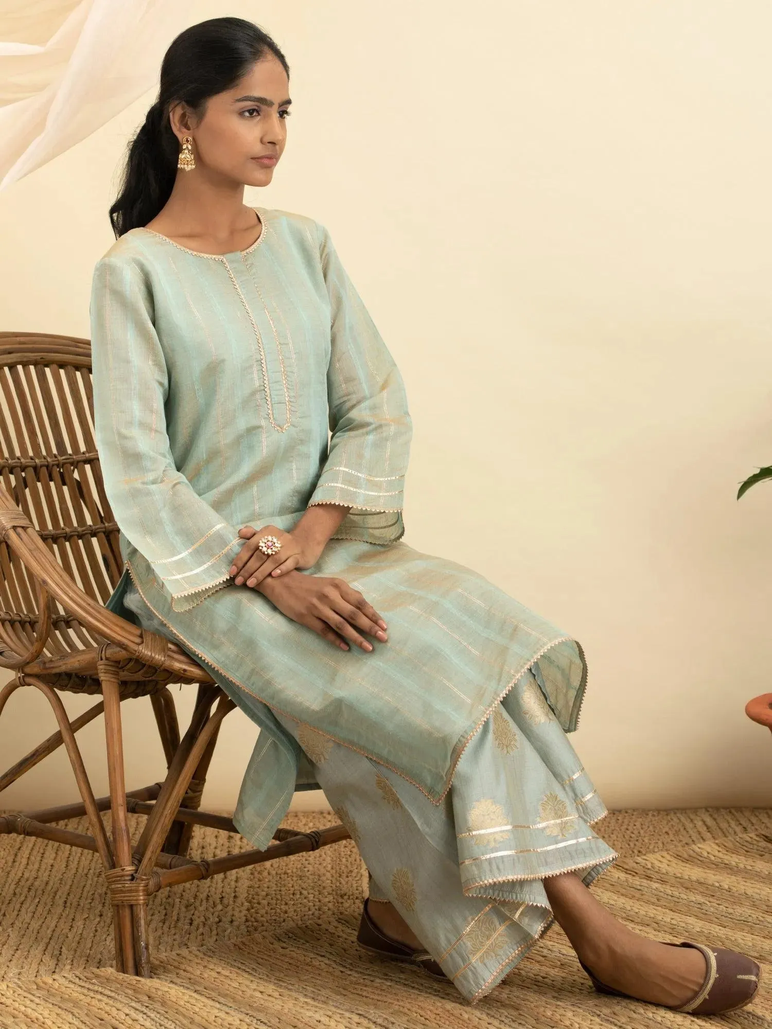 Grey Self Design Chanderi Silk Straight Kurta With Palazzos