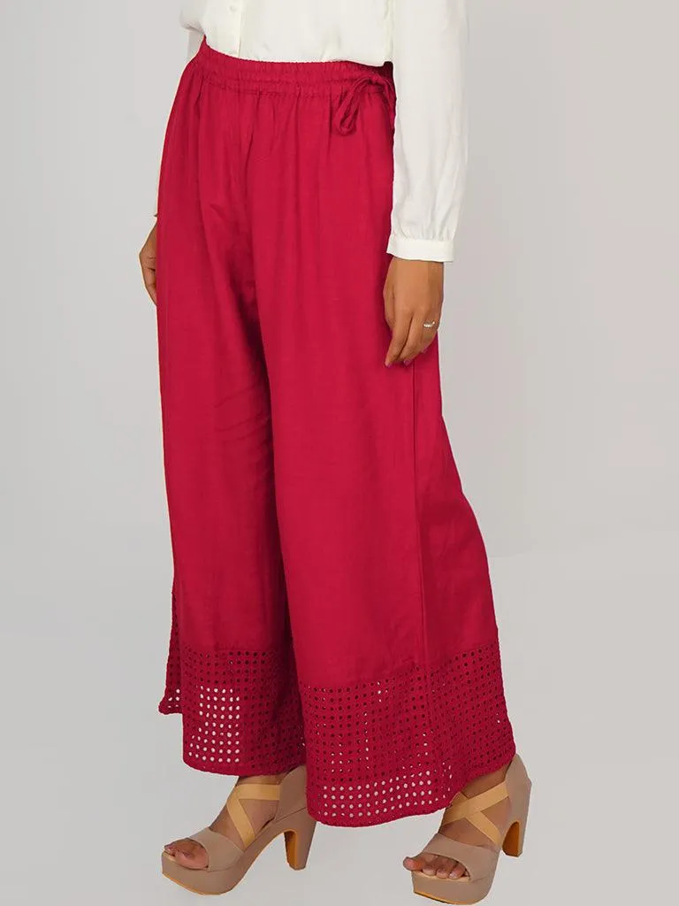 Hakoba Cutwork Embroidered Hem Palazzo Pants - Dark Red