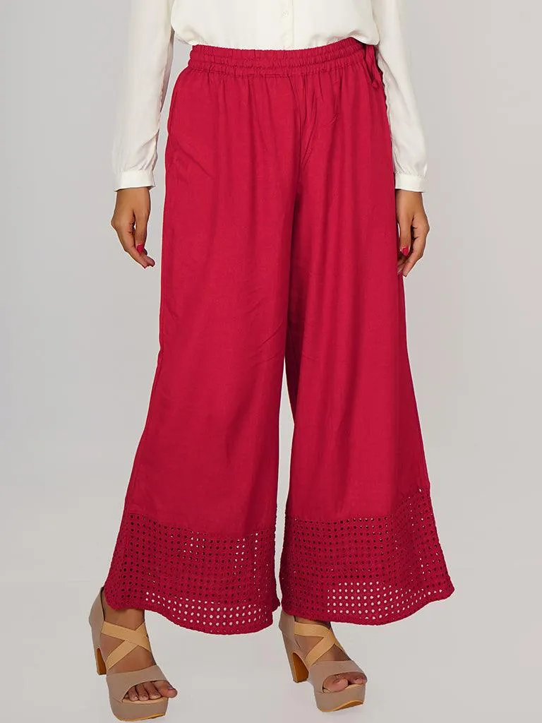 Hakoba Cutwork Embroidered Hem Palazzo Pants - Dark Red