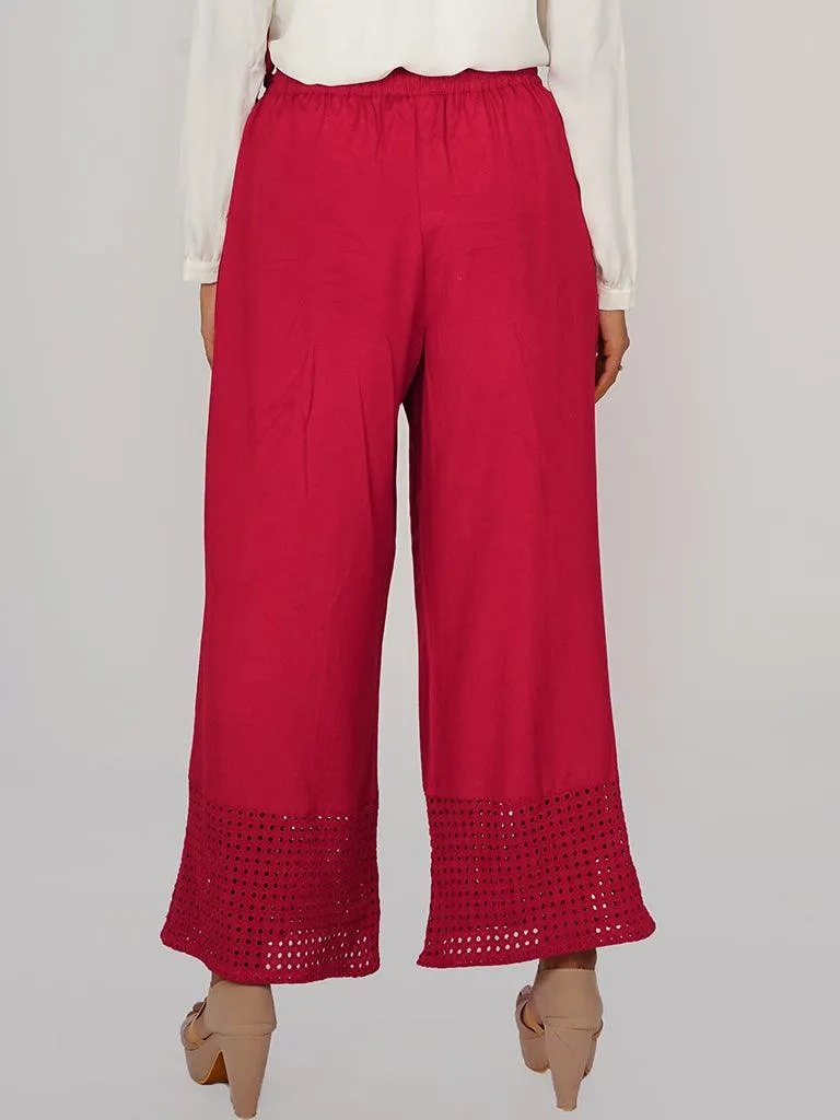 Hakoba Cutwork Embroidered Hem Palazzo Pants - Dark Red