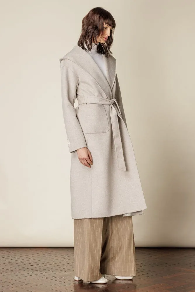 Hooded Double Faced Wrap Coat - Lt Brown Melange