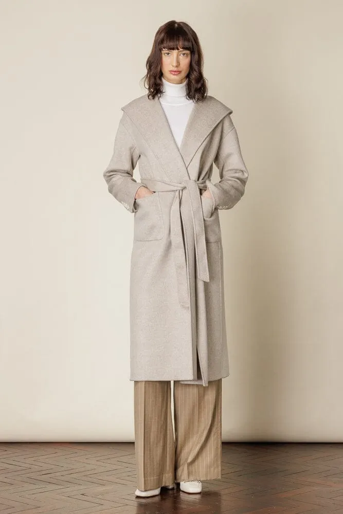 Hooded Double Faced Wrap Coat - Lt Brown Melange