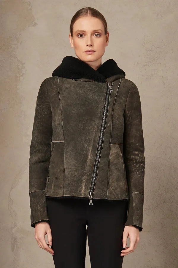 Hooded Sheepskin Jacket - Mud