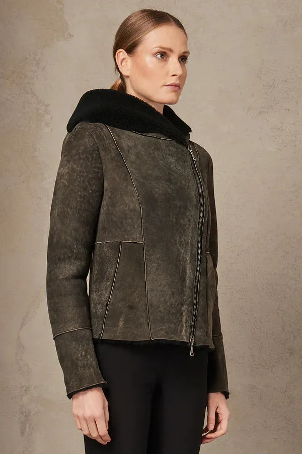 Hooded Sheepskin Jacket - Mud