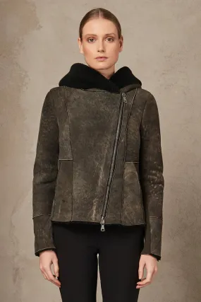 Hooded Sheepskin Jacket - Mud