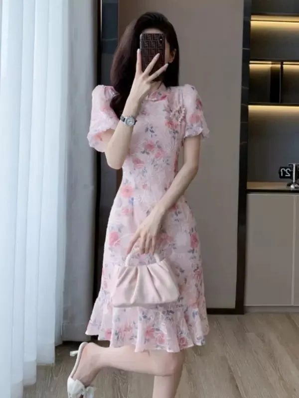 IKERRLAX National Style New Chinese Style Pink Cheongsam Improved Young Girls' Retro Elegant Fishtail Dress  New Women's