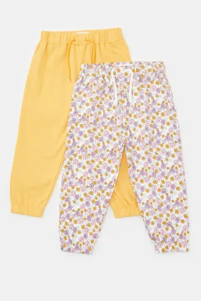 Infant Girls Ivory And Mustard Solid And Print Active Pants (2 Piece)