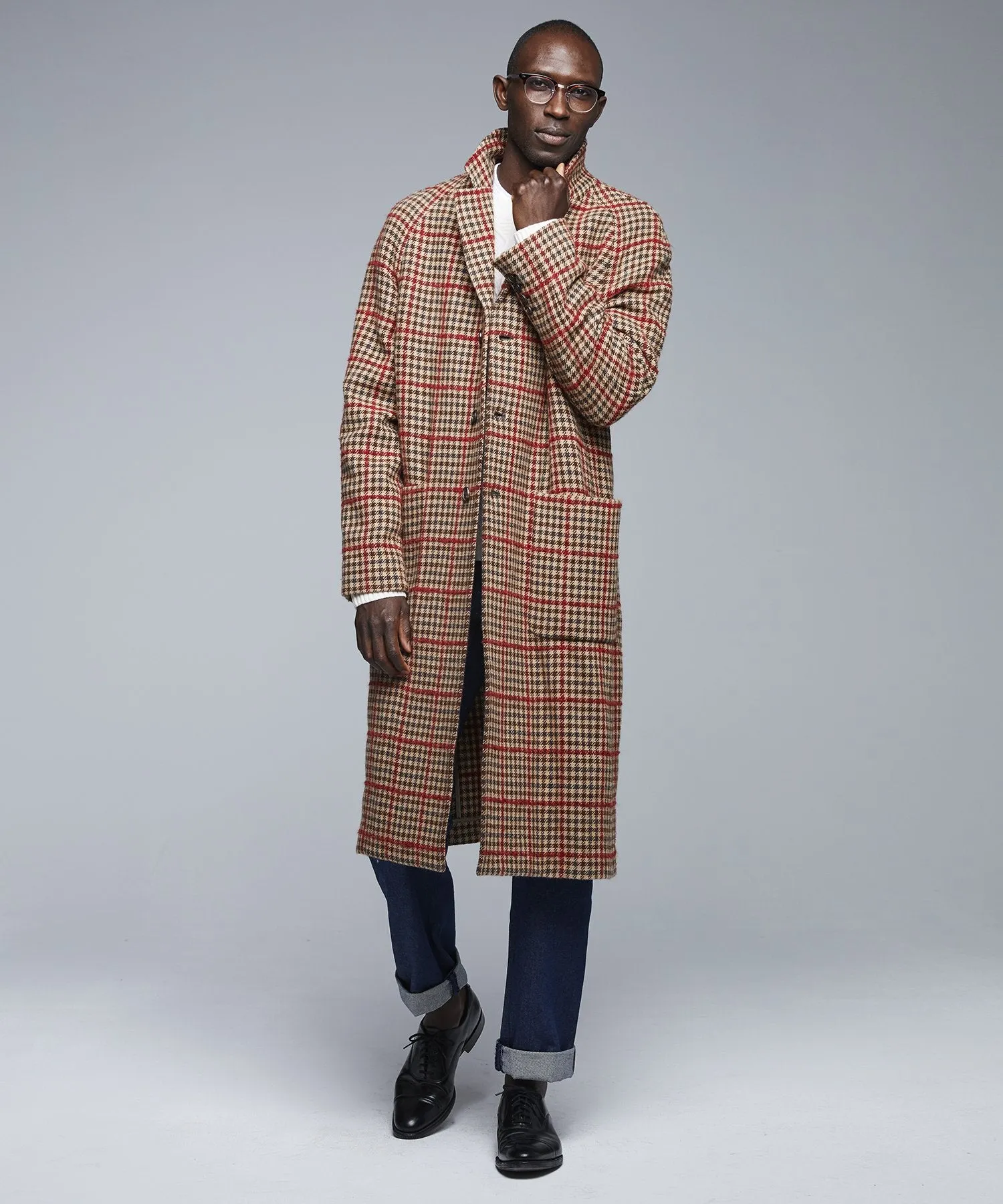 Italian Tweed Wool Raglan Windowpane Topcoat in Red