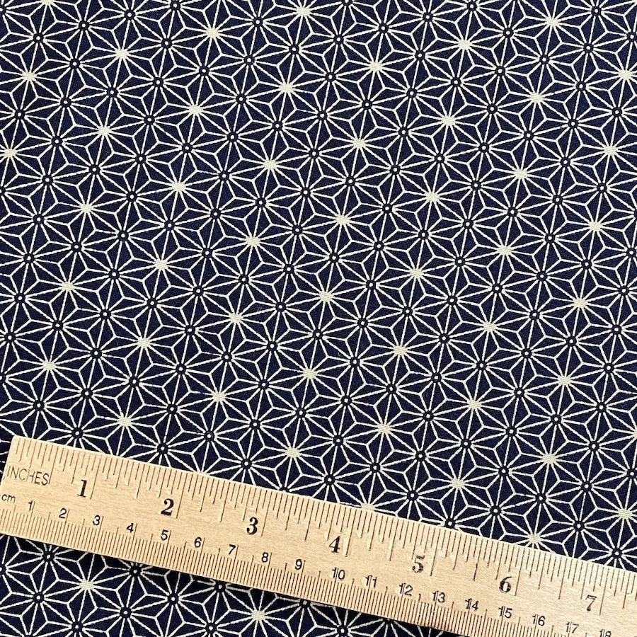 Japanese Cotton, Navy Asanoha/Stars/Hemp Leaf  43" wide, By the Full Yard, New Not Vintage,  #SK100-2B