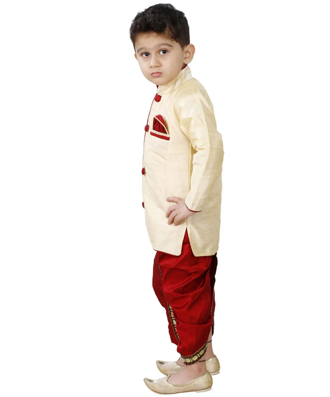 Jashvi Boys' Cream Cotton Silk Kurta and Pyjama Set