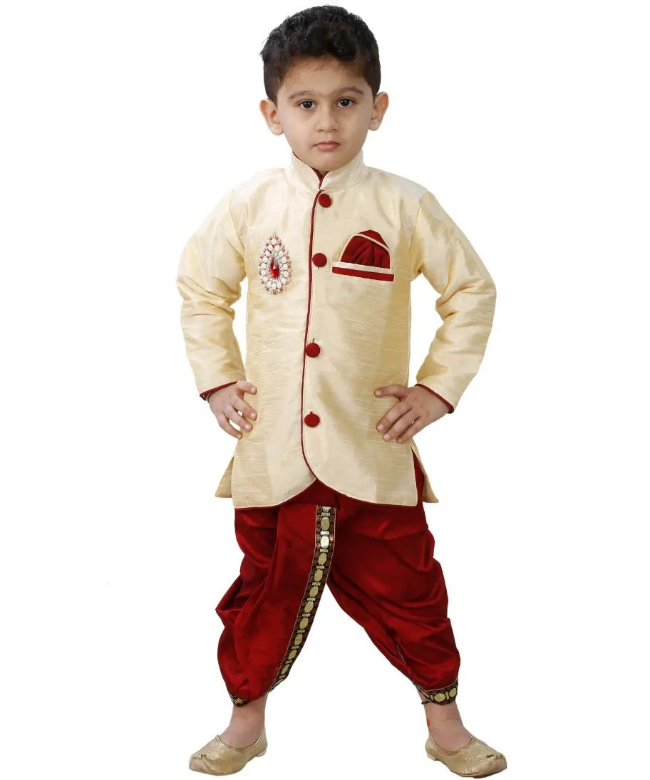 Jashvi Boys' Cream Cotton Silk Kurta and Pyjama Set