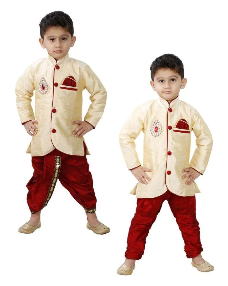 Jashvi Boys' Cream Cotton Silk Kurta and Pyjama Set