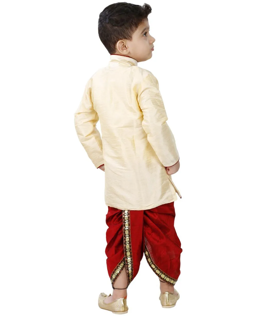 Jashvi Boys' Cream Cotton Silk Kurta and Pyjama Set