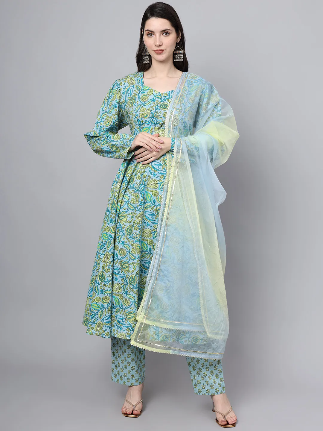 Jashvi Floral Printed Sky Blue Cotton Anarkali Kurta Pant Dupatta Set