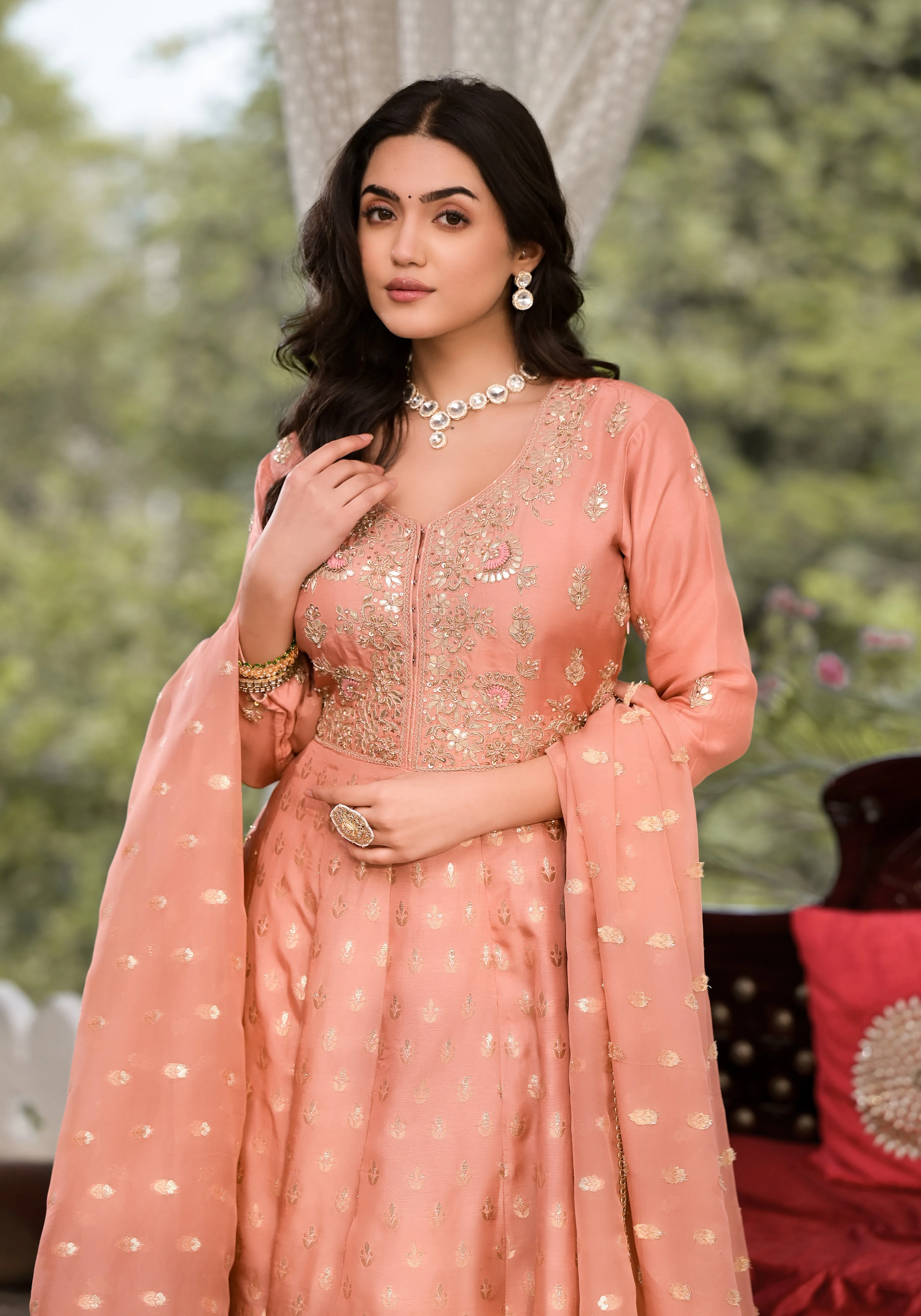 Jashvi Peach Zardozi Work Banarsi Rusian Silk Kurta Set with Banarsi Organza Dupatta