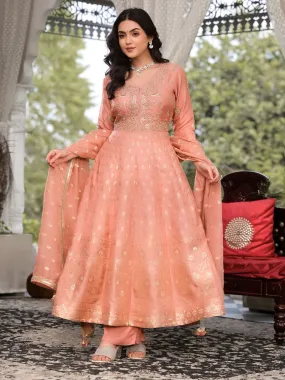 Jashvi Peach Zardozi Work Banarsi Rusian Silk Kurta Set with Banarsi Organza Dupatta