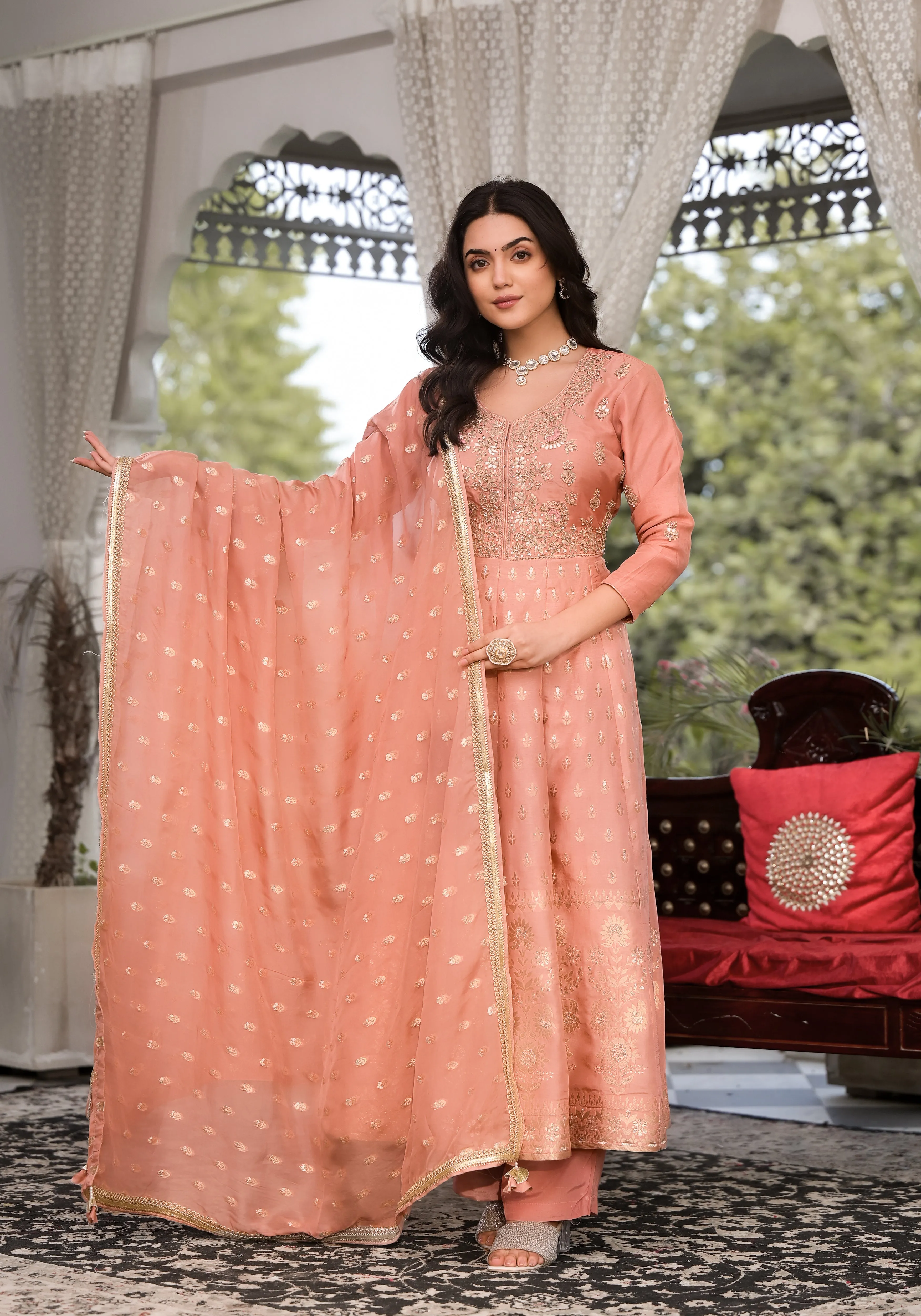 Jashvi Peach Zardozi Work Banarsi Rusian Silk Kurta Set with Banarsi Organza Dupatta