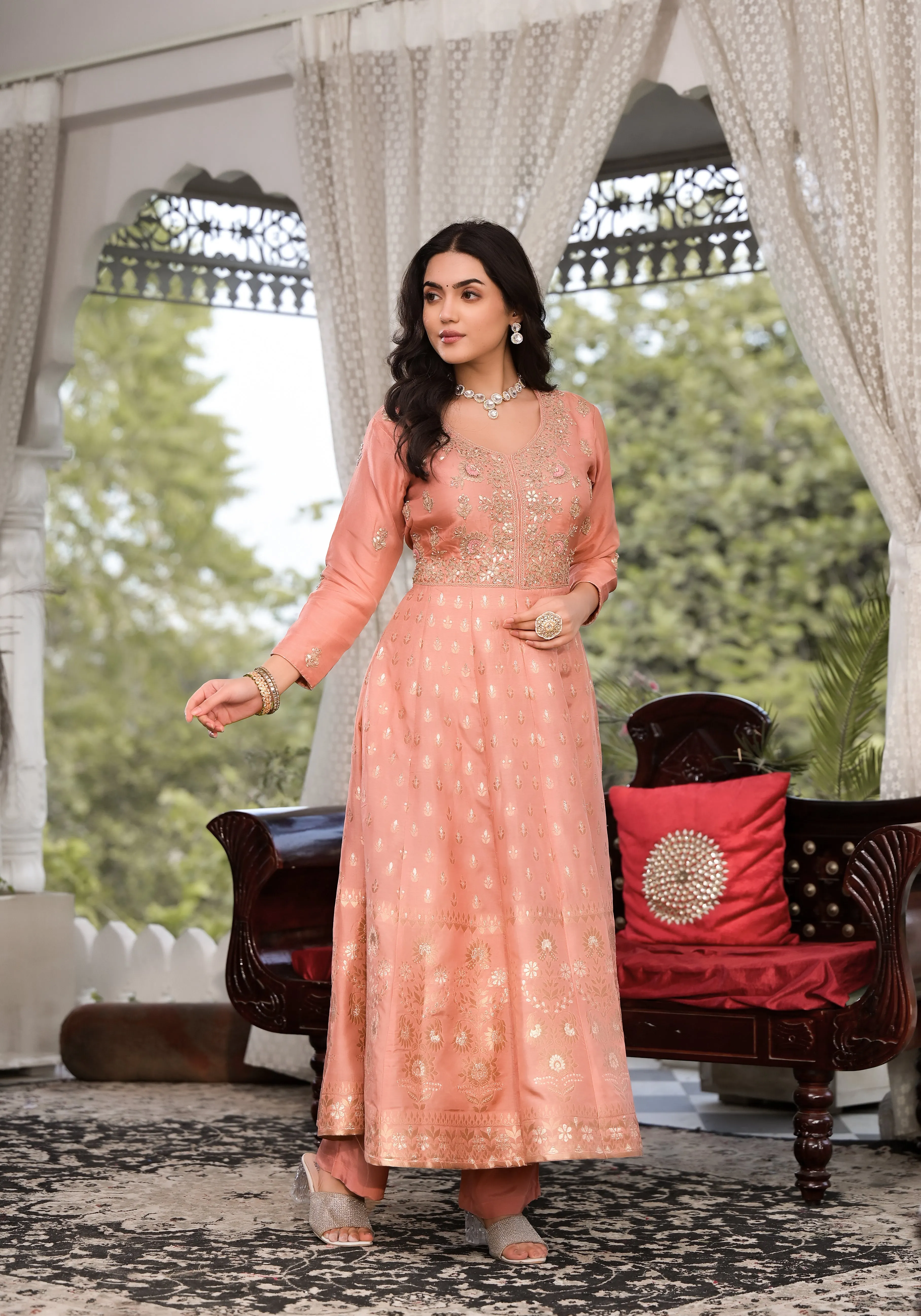 Jashvi Peach Zardozi Work Banarsi Rusian Silk Kurta Set with Banarsi Organza Dupatta