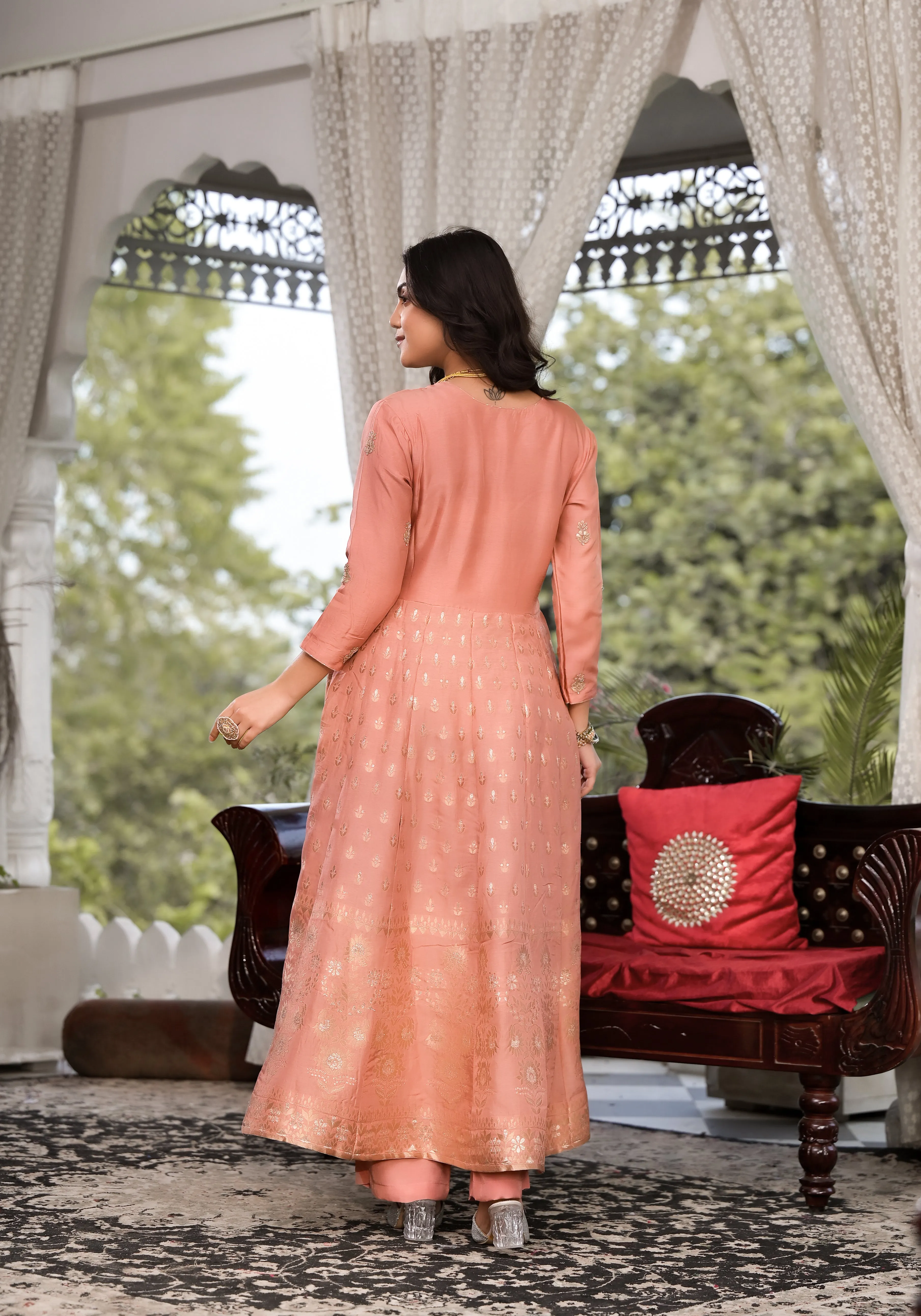 Jashvi Peach Zardozi Work Banarsi Rusian Silk Kurta Set with Banarsi Organza Dupatta