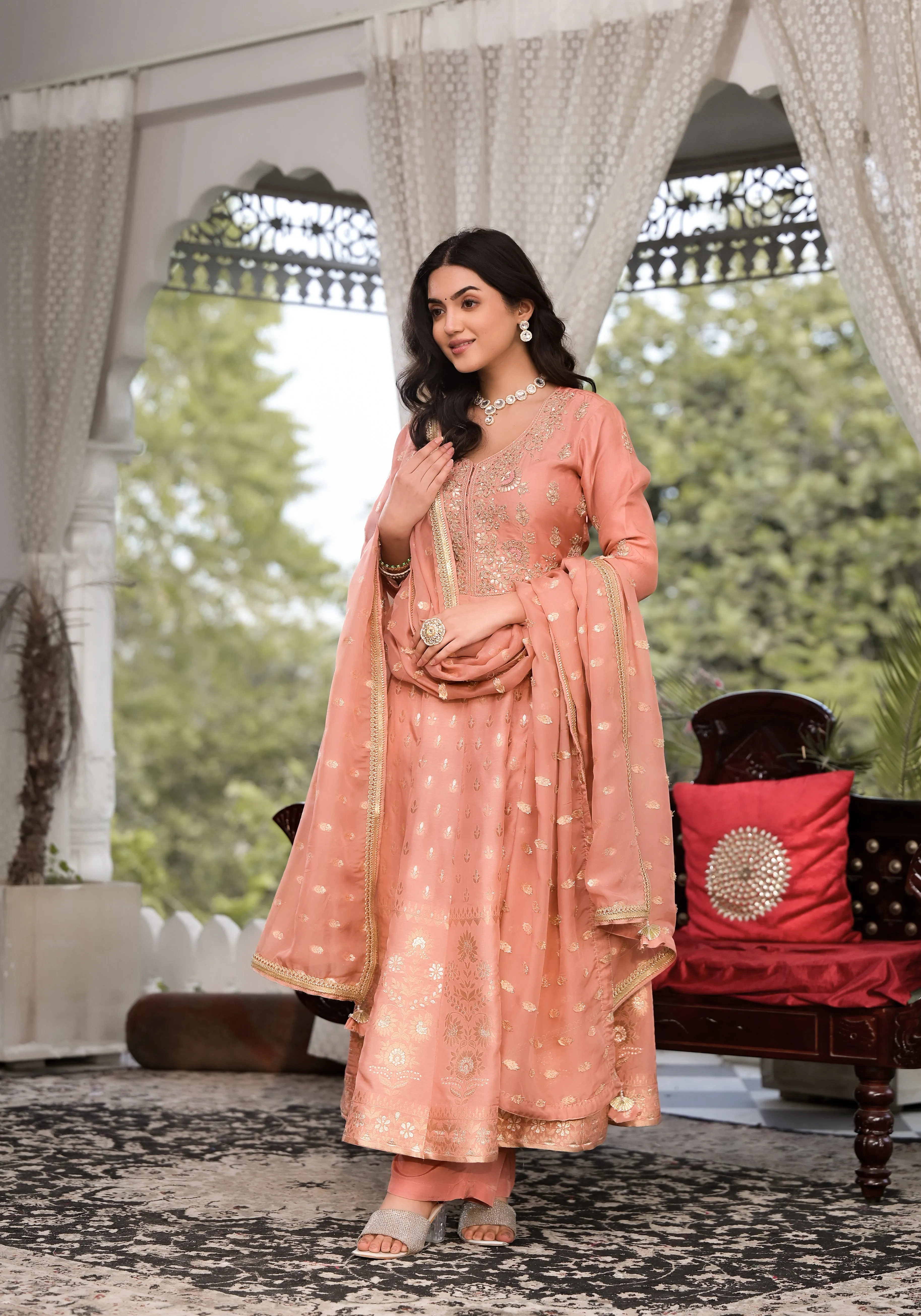 Jashvi Peach Zardozi Work Banarsi Rusian Silk Kurta Set with Banarsi Organza Dupatta