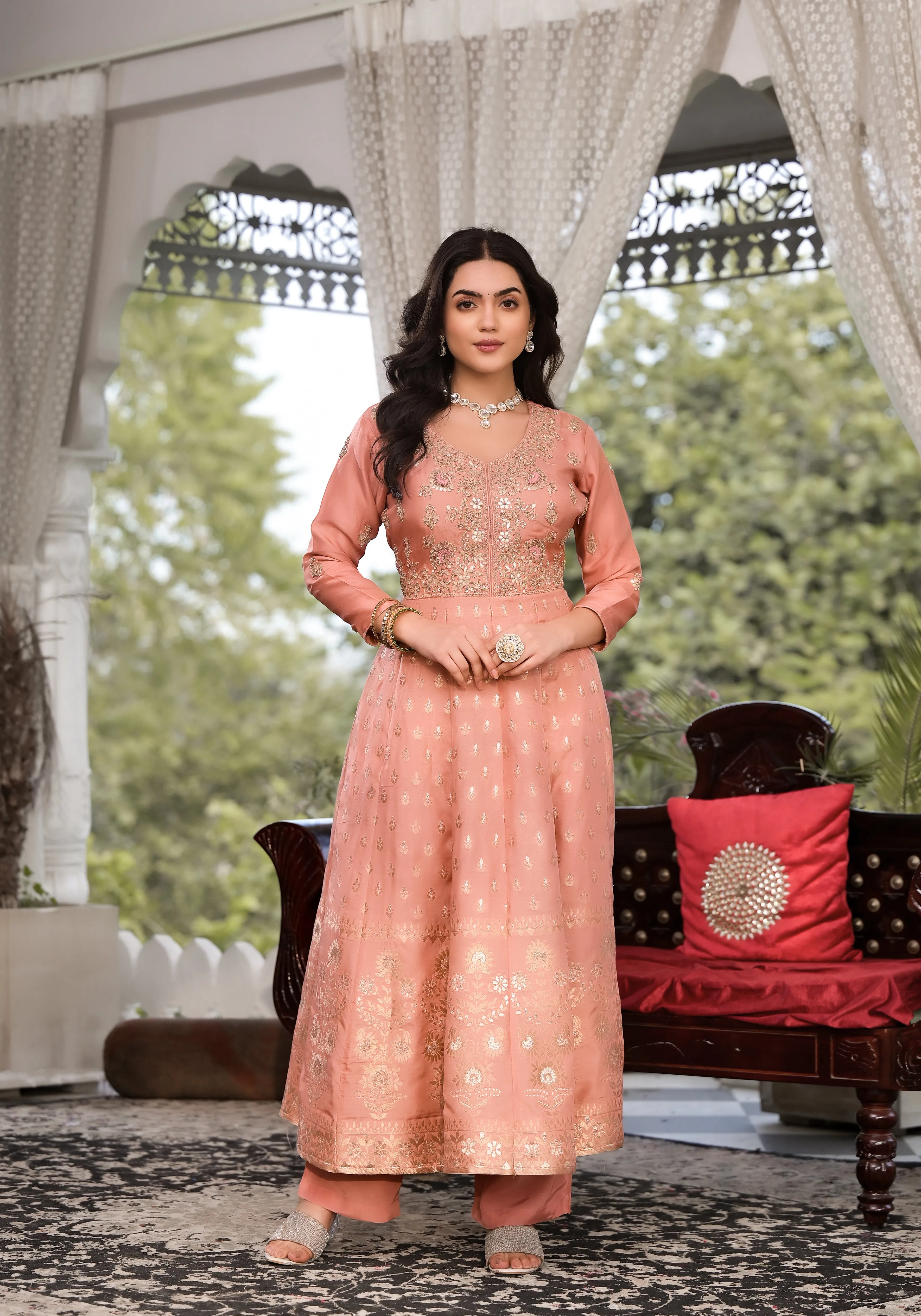 Jashvi Peach Zardozi Work Banarsi Rusian Silk Kurta Set with Banarsi Organza Dupatta