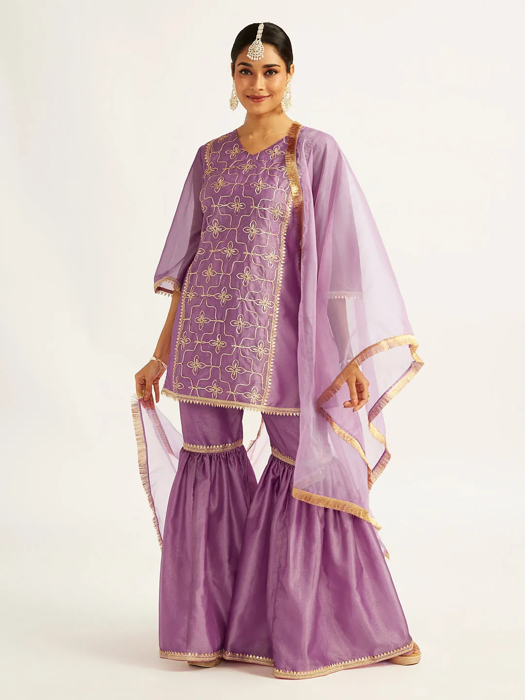 Jashvi Women's Purple Kurta Sharara Set