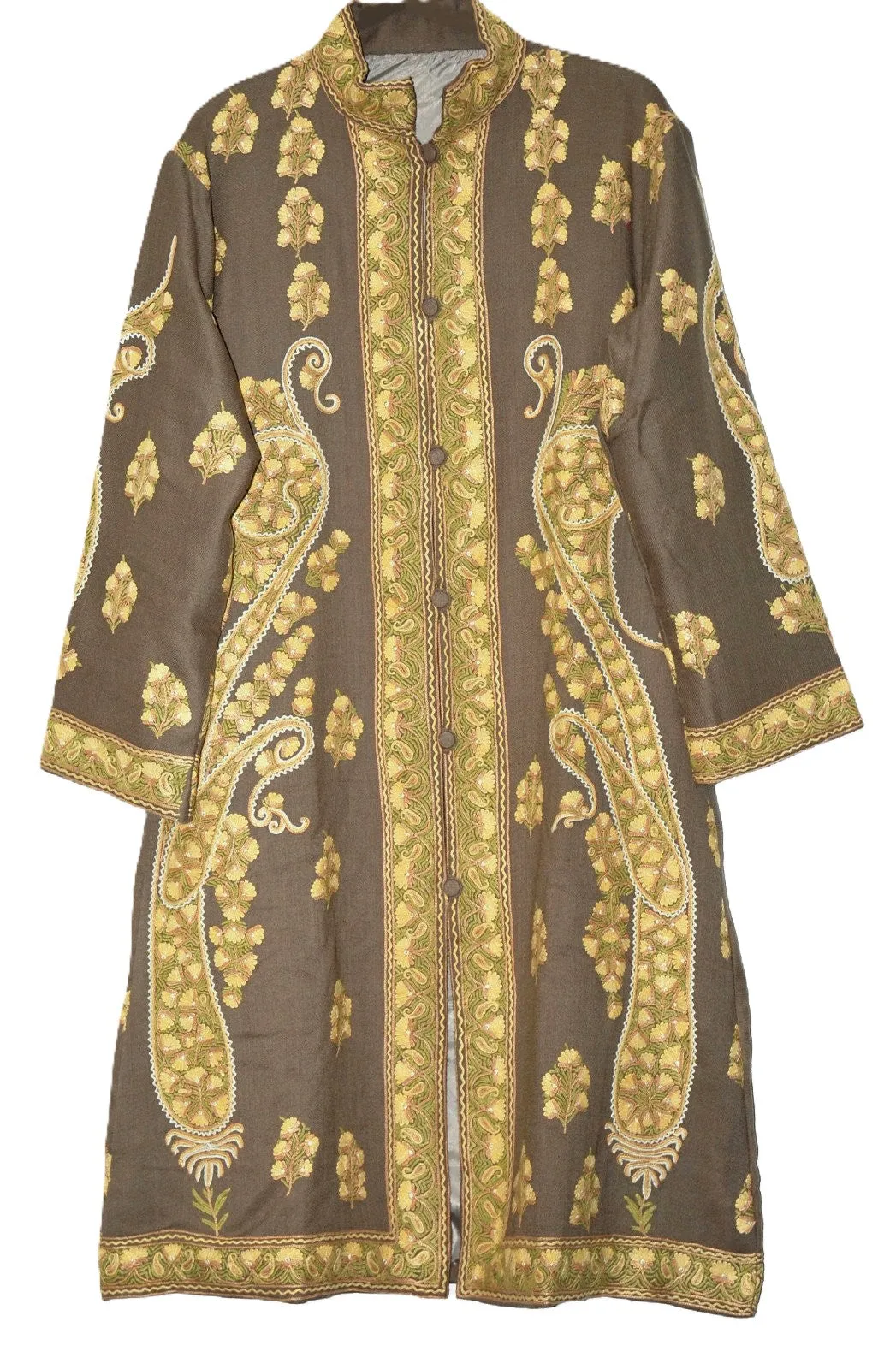 Kashmiri Woolen Coat Beige, Multicolor Embroidery #AO-158